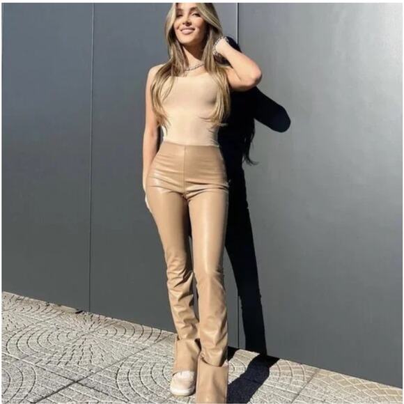 Zara Beige Camel Tan Faux Leather Slim Leg High Rise Pant Hem Slit Women’s Small - Picture 1 of 12